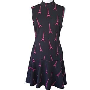 H&M Eiffel Tower Scuba Filppy Hem Dress Medium  Black Pink Sleeveless Mock Neck